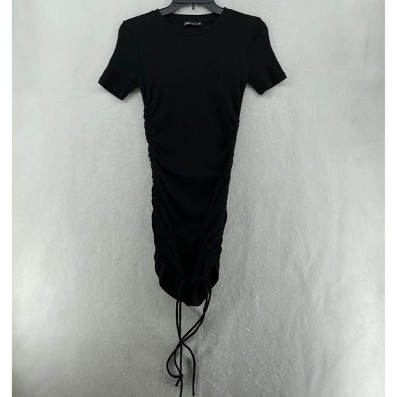 Zara Dress Women's Sz S Black Mini Bodycon Ruched Ribbed Round Neck Stretch - Picture 1 of 12